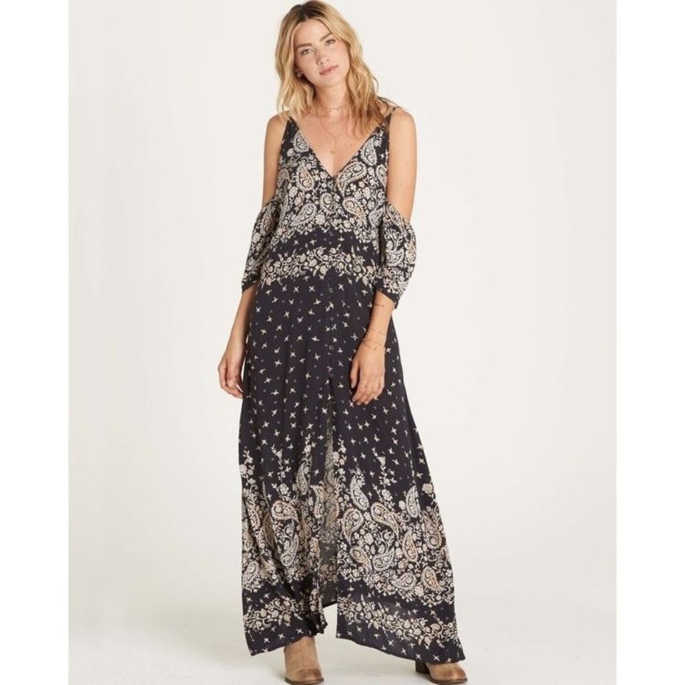 Billabong NWT Desert Dance Washed Black Print Maxi Dress size XS